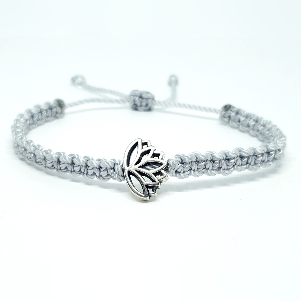 Lotus flower bracelet, silver string braided bracelet, silver lotus charm